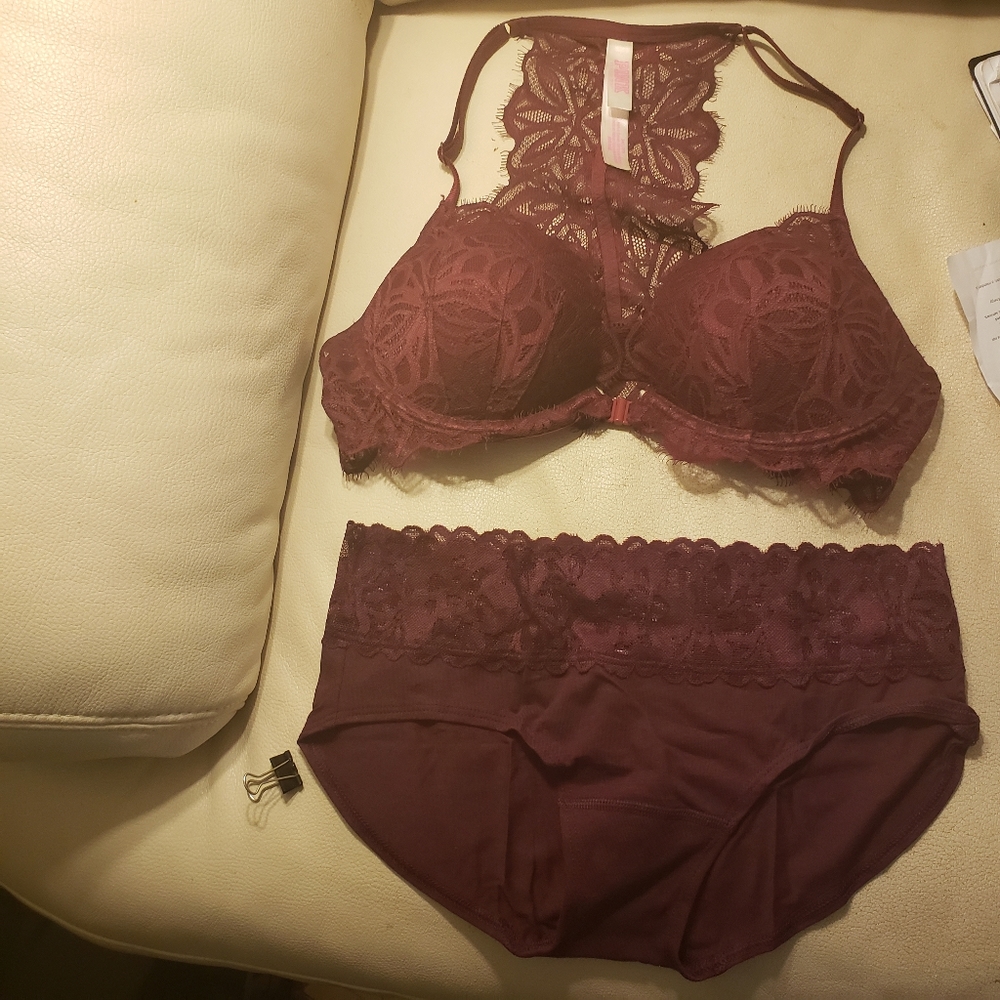 PINK VICTORIA’S SECRET  Padded  Pushup Lace Bra Bralette  med panty